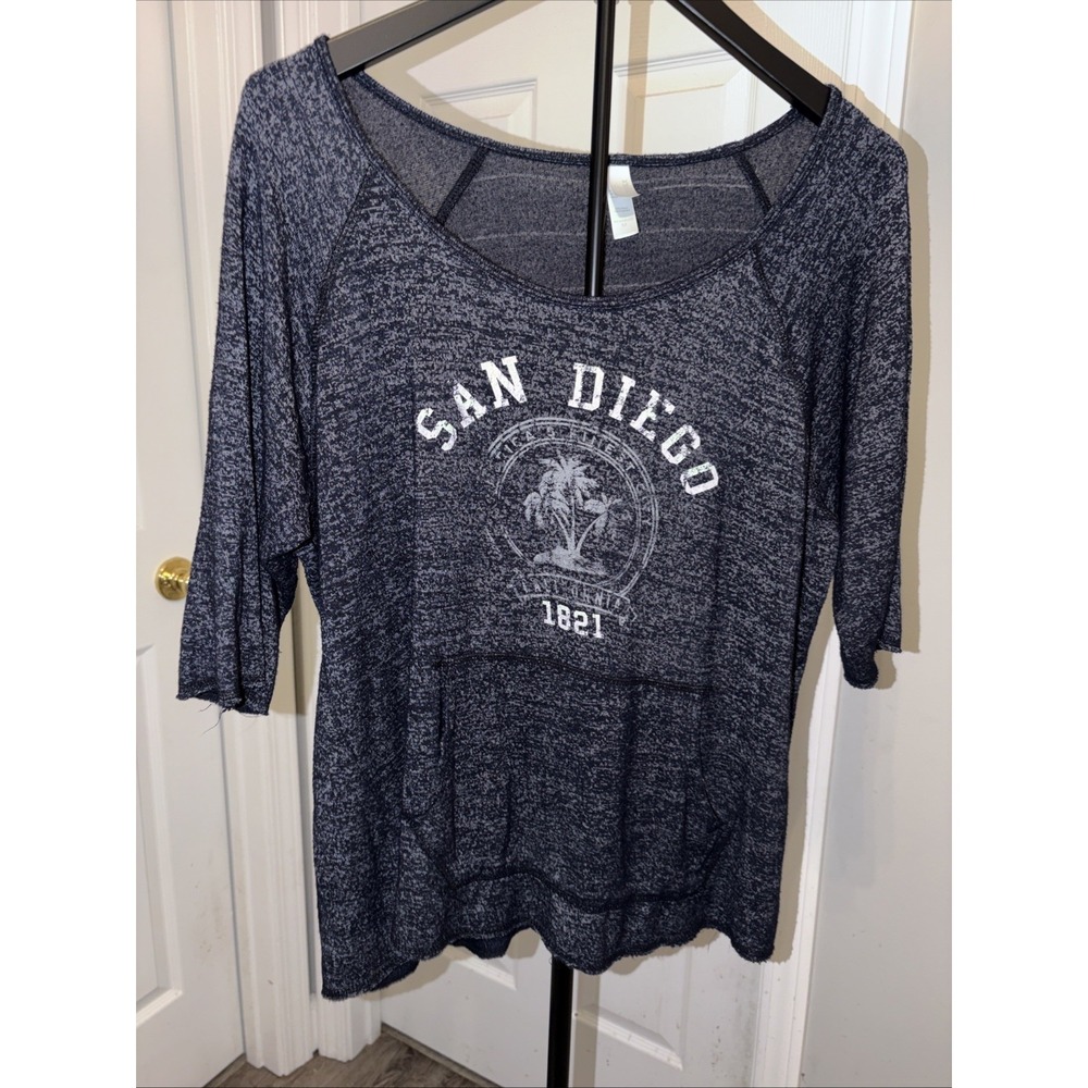 Teemax‎ San Diego Med Tshirt Heathered Blue Raglan Sleeve Kangaroo Pocket Grunge